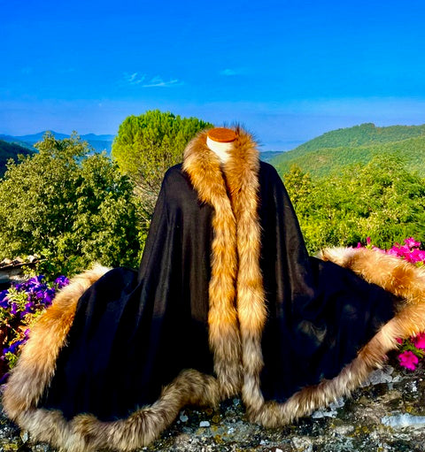 Solid Black Cashmere Shawl with Natural Brown Fox Fur Trim