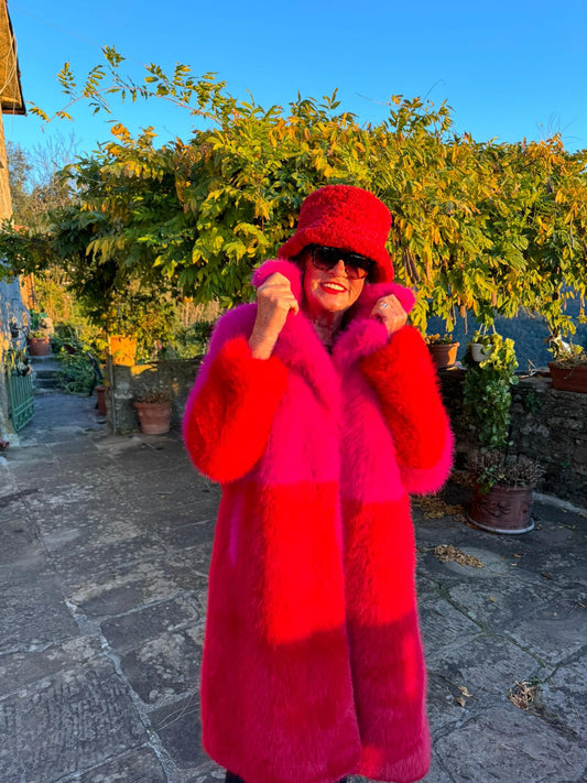 Paris Calling Fuchsia & Red Color Block Knee-Length Coat