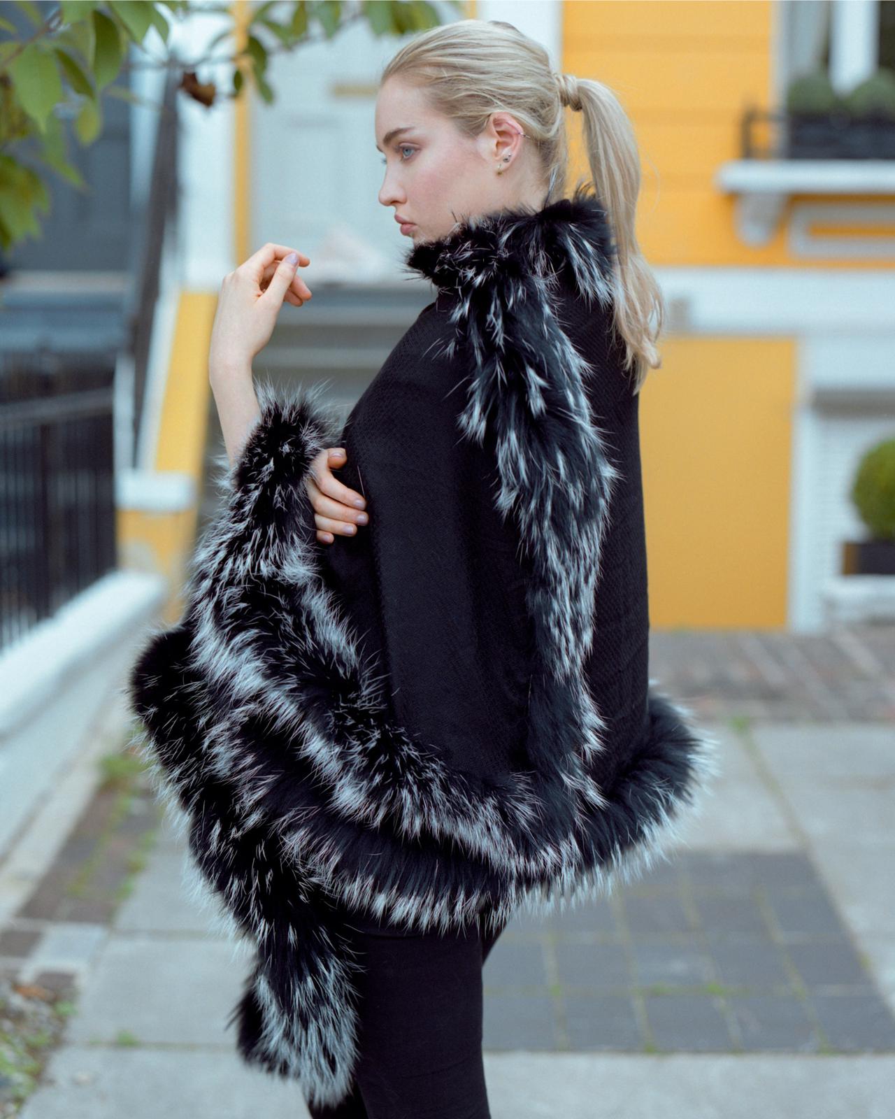 Black Cashmere Wrap with Black and White Fox Fur Trim