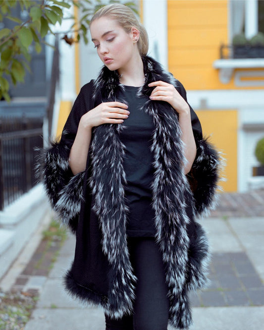 Black Cashmere Wrap with Black and White Fox Fur Trim