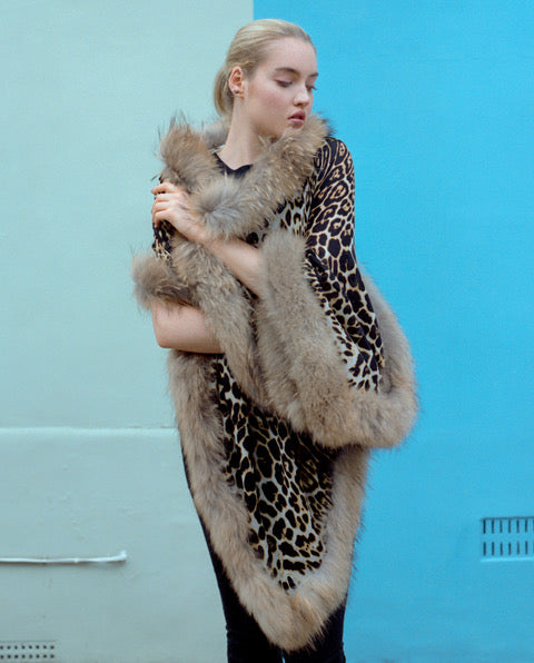 Pure Cashmere Leopard Shawl with Real Fox Fur Trim