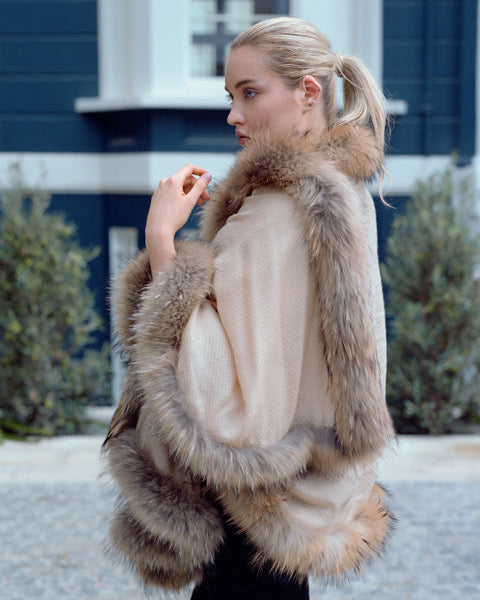 Cashmere Wrap with Natural Brown Fox Fur Trim