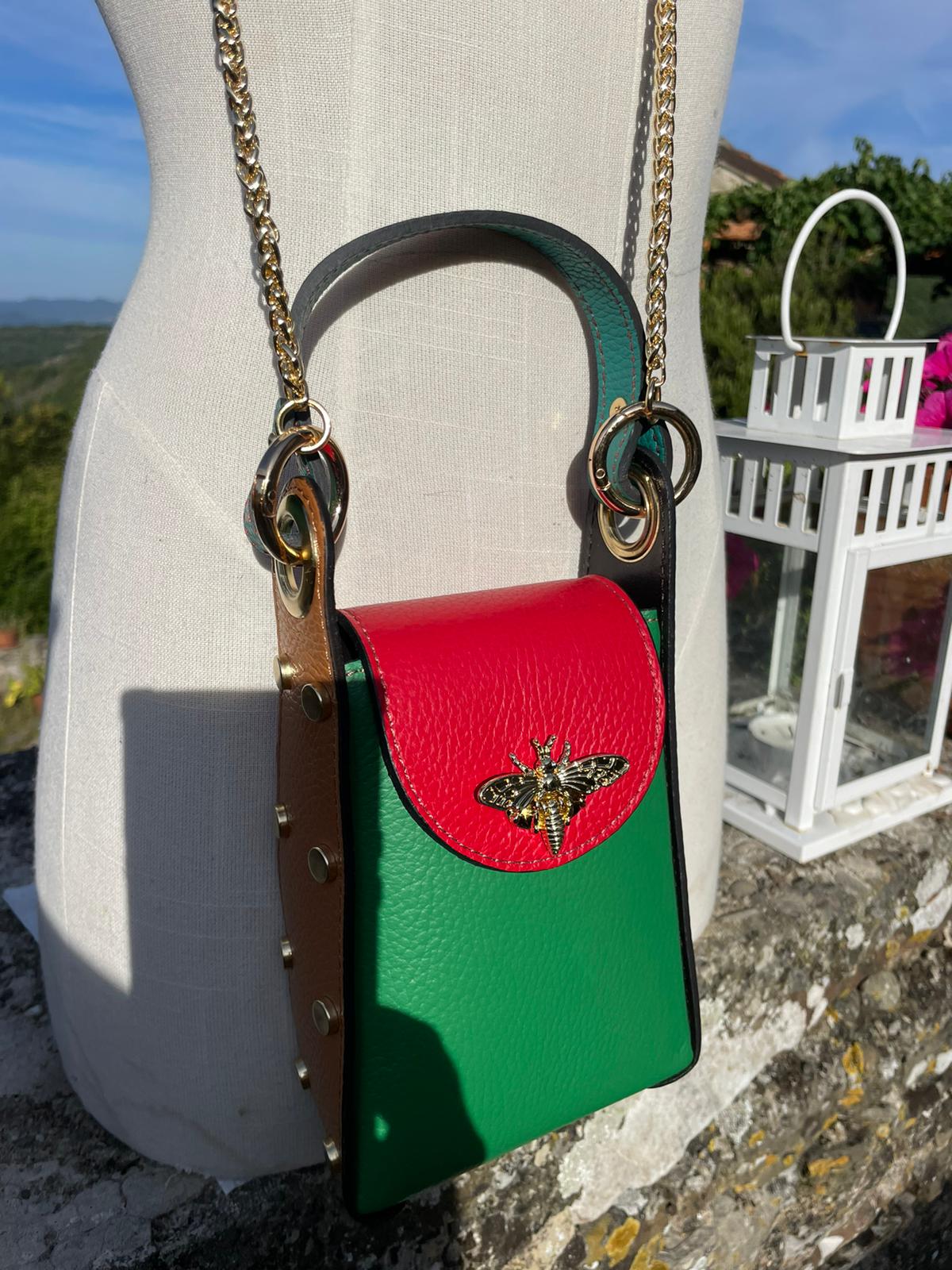 Gorgeous Leather Handbag - Green, Red & White