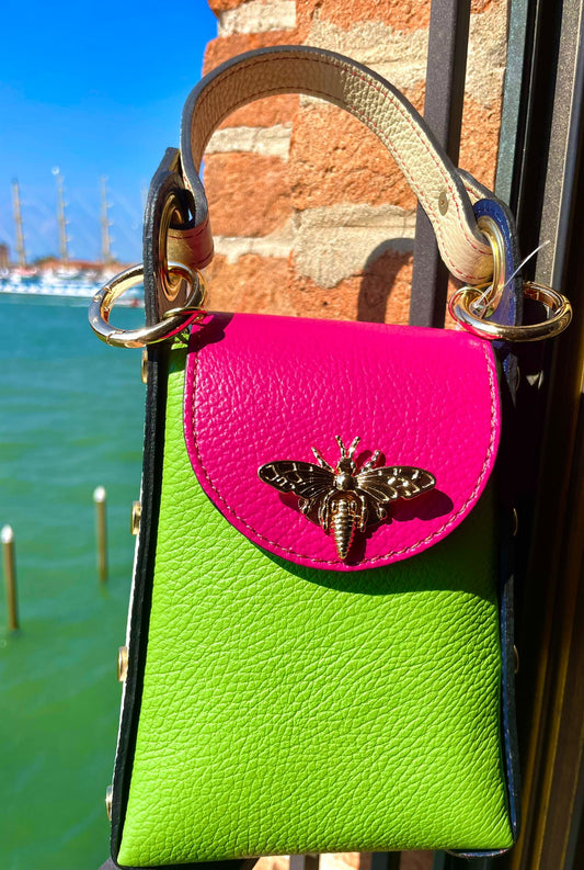 Gorgeous Leather Handbag - Green, Pink & White