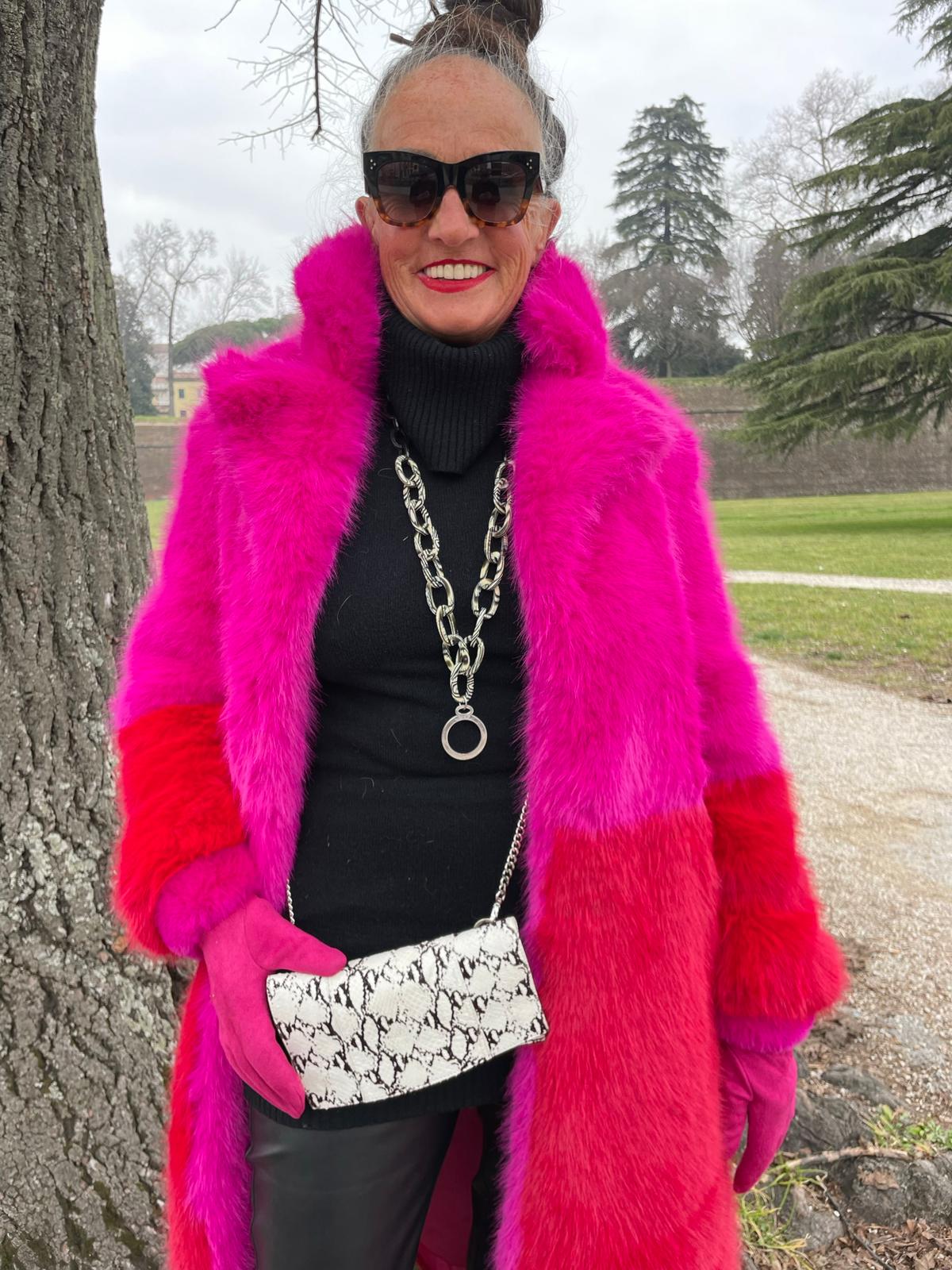 Hot Pink and Red Full-Length Faux Fur Coat