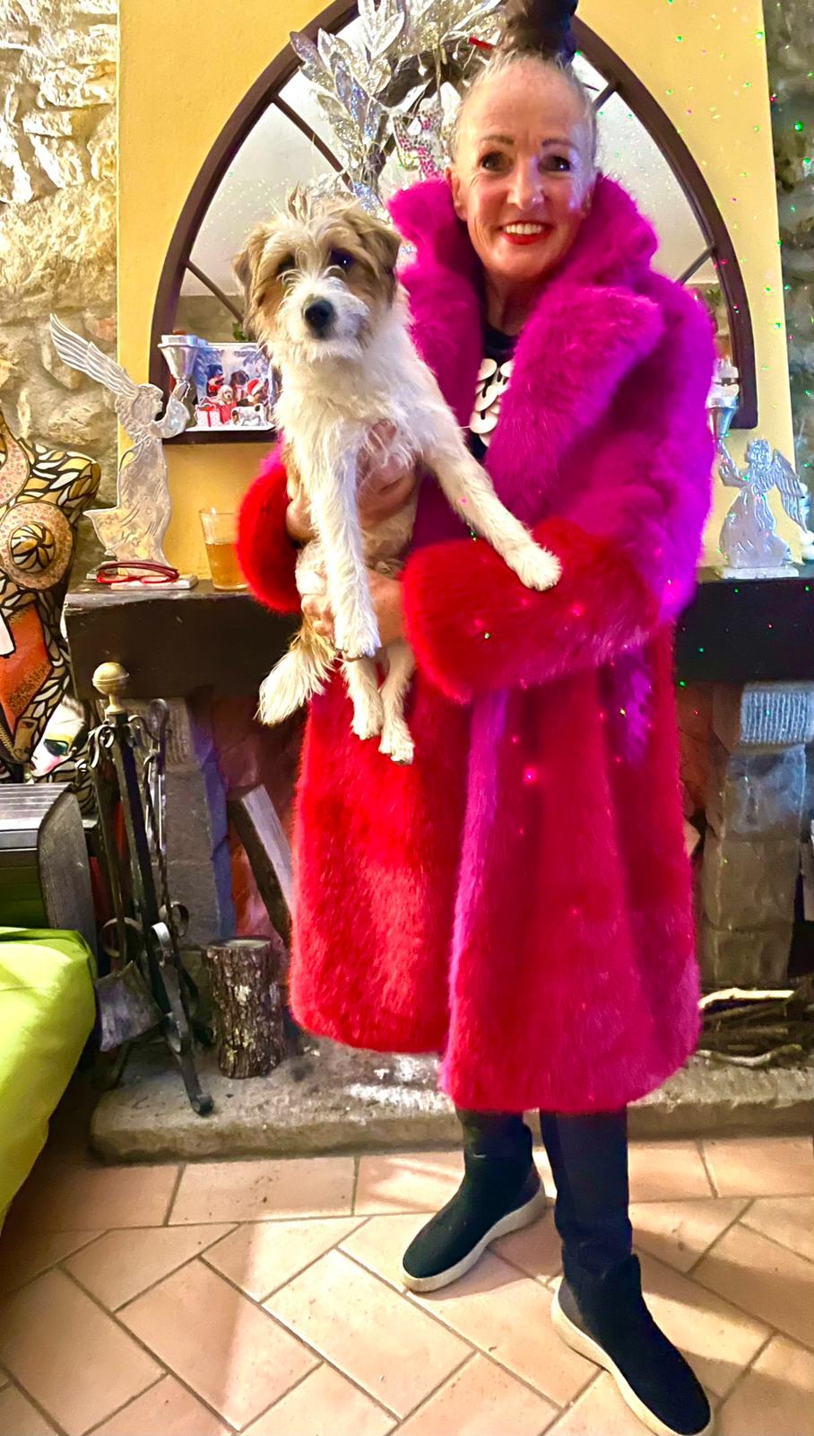 Hot Pink and Red Full-Length Faux Fur Coat