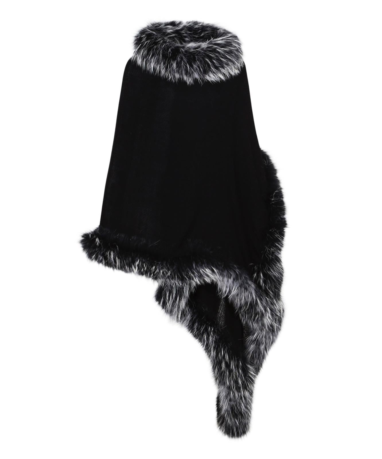 Black Cashmere Wrap with Black and White Fox Fur Trim