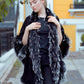 Black Cashmere Wrap with Black and White Fox Fur Trim